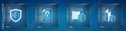 Set NFT shield, Document and lock, Digital crypto art and . Square glass panels. Vector