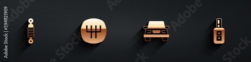 Set Shock absorber, Gear shifter, Car and key with remote icon with long shadow. Vector