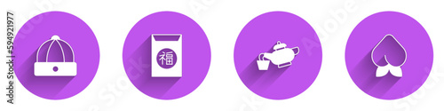 Set Chinese hat, New Year, tea ceremony and Peach fruit or nectarine icon with long shadow. Vector