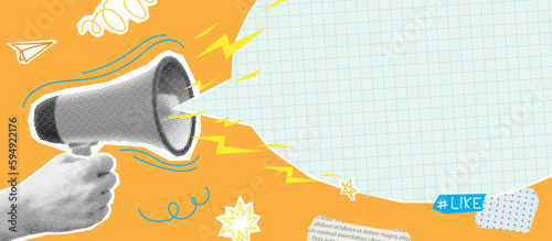 Collage with loudspeaker in hand. Vector illustration with halftone elements for decoration of advertising, promotion or announcing events. Retro banner concept with cut out paper elements.
