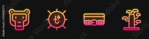 Set line Hunting cartridge belt, Monkey, Sun and African tree. Glowing neon icon. Vector