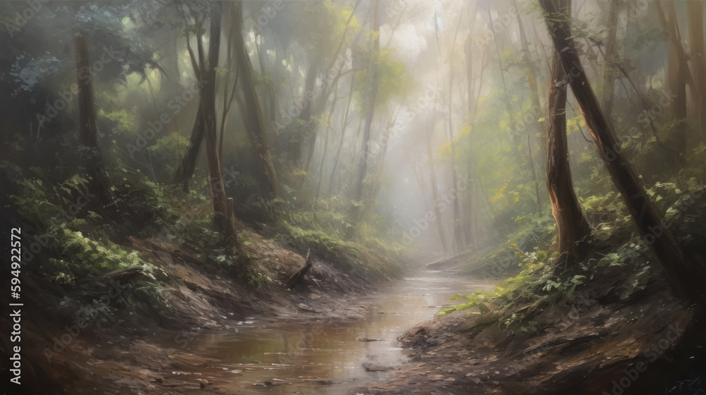 Naklejka premium A peaceful forest grove shrouded in mist tall tree, Generative AI