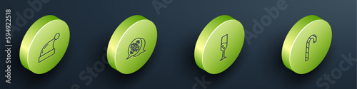 Set Isometric line Christmas Santa Claus hat, Snowflake speech bubble, Glass of champagne and candy cane icon. Vector