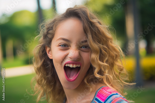 Playful girl sticking out tongue for the camera, playing with grimaces - Generative AI photo