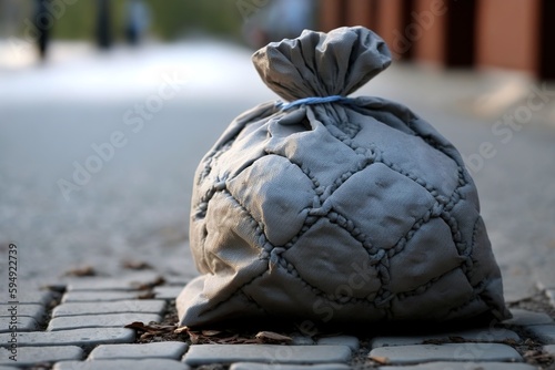 Image of a grey Romanian breadbag lying face-up on the sidewalk. Generative AI photo