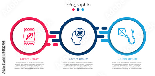 Set line Fertilizer bag, Human head with flower inside and Kite. Business infographic template. Vector
