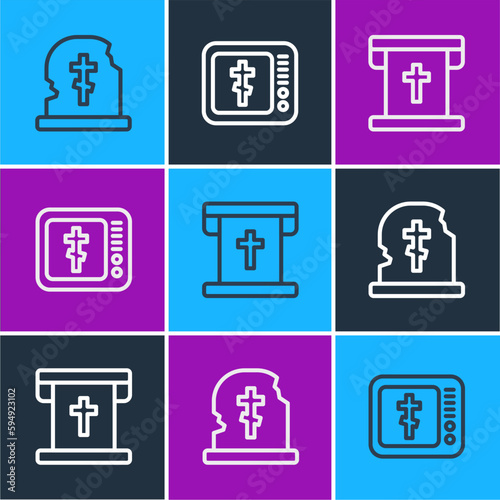 Set line Grave with tombstone, Flag christian cross and Online church pastor preaching icon. Vector