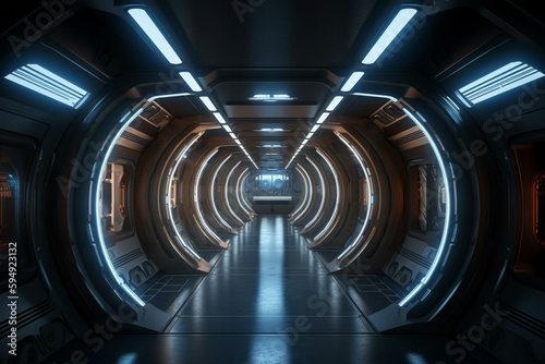 3D Rendering Of Realistic Round Sci-Fi Corridor With Lights. Generative AI