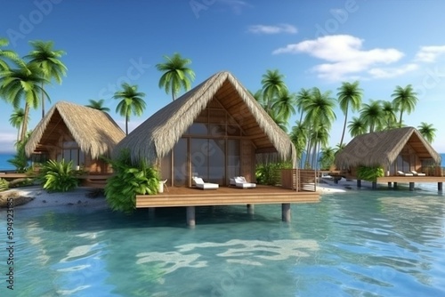 Bungalow resort on island, French Polynesia 3d rendering. Generative AI