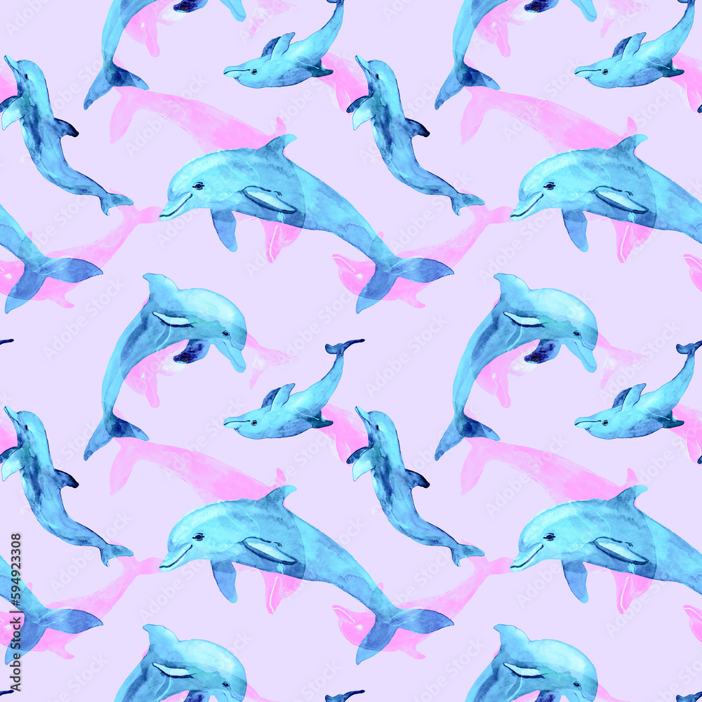 Seamless watercolor pattern with blue dolphins. Ocean friendly animal background. Modern Textile print with hand drawn dolphin, water splashes, drops. Design for covers, fabric, wrapping paper, decor. Seamless watercolor pattern with blue dolphins. Ocean friendly animal background. Modern Textile print with hand drawn dolphin, water splashes, drops. Design for covers, fabric, wrapping paper, decor.