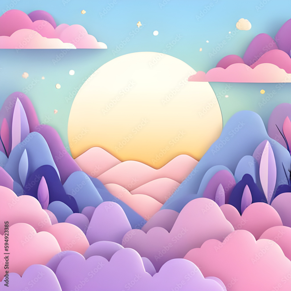 Pastel sky and clouds paper art background. Generative AI.