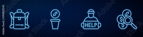 Set line Help homeless, Hiking backpack, Donation money and Search for. Glowing neon icon on brick wall. Vector