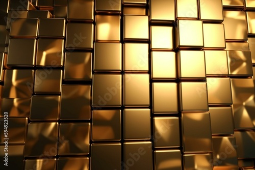 Gold Tiles arranged to create a 3D wall. Square  Luxurious Background formed from Glossy blocks. 3D Render. Generative AI