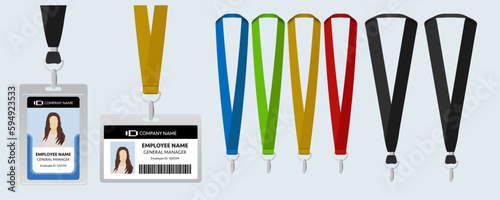 Blue, green, yellow and red ribbon lanyard design. Different lanyards with plastic labels. Place for branding design. Vector illustration of lanyard.