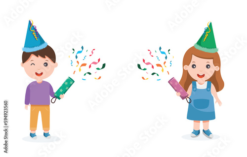 children with confetti popper celebrating a birthday party vector illustration
