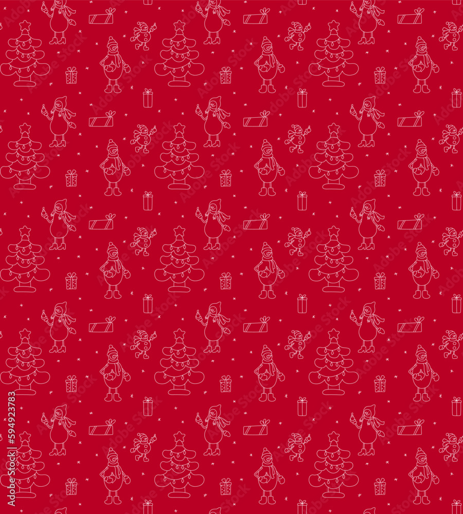 Seamless pattern from the family of snowmen, gifts, Christmas trees and snowflakes on a red background. Festive pattern for fabric, wrapping paper, childrens clothing. Vector illustration.