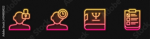 Set line Psychology book, Closed personality, Insomnia and Psychological test. Glowing neon icon. Vector