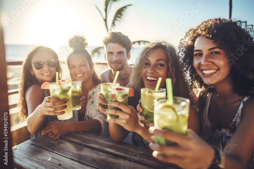 Friends enjoy refreshing mojitos and each other's company at the beach bar ai generated illustration