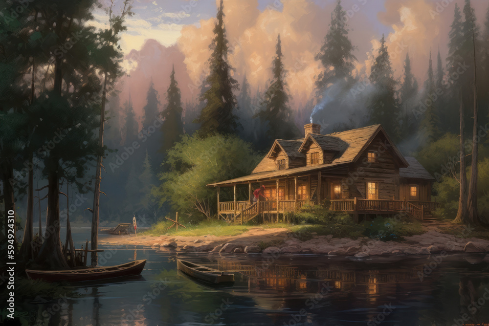 A quaint cabin by a shimmering lake, Generative AI