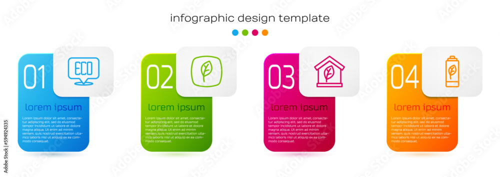 Set line Leaf Eco symbol, friendly house and nature leaf battery. Business infographic template. Vector Set line Leaf Eco symbol, friendly house and nature leaf battery. Business infographic template. Vector