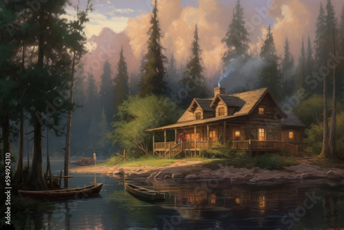 A quaint cabin by a shimmering lake  Generative AI