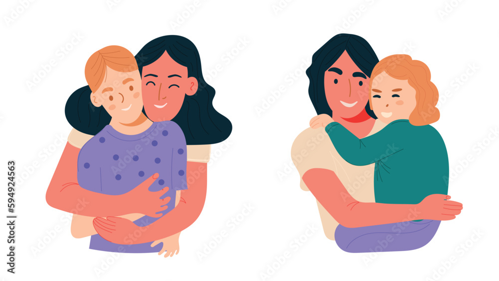 Happy Mother's day character design vector. Flat hand drawn style mom hugging daughter in her arm. Mother's day concept illustration design for decoration, greeting card, cover, print, banner Happy Mother's day character design vector. Flat hand drawn style mom hugging daughter in her arm. Mother's day concept illustration design for decoration, greeting card, cover, print, banner