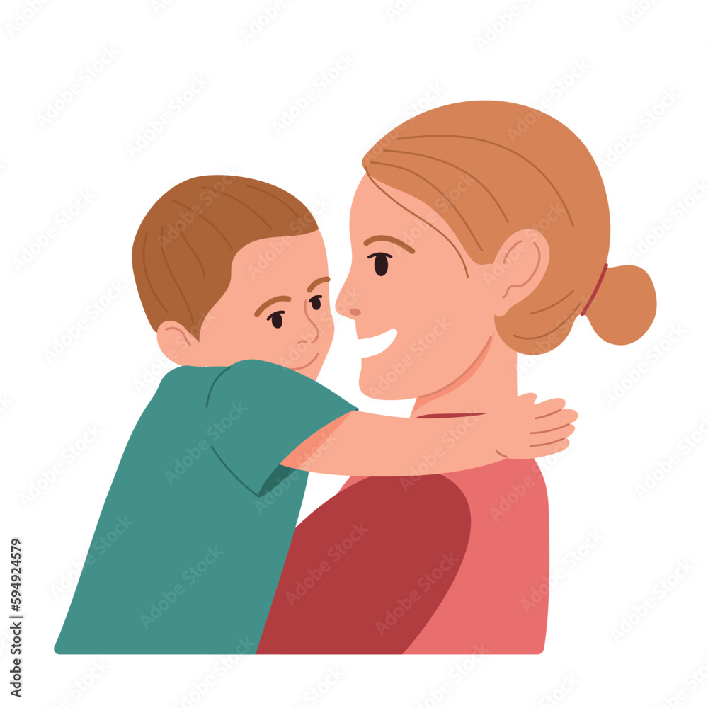 Happy Mother's day character design vector. Flat hand drawn style mom hugging daughter in her arm. Mother's day concept illustration design for decoration, greeting card, cover, print, banner Happy Mother's day character design vector. Flat hand drawn style mom hugging daughter in her arm. Mother's day concept illustration design for decoration, greeting card, cover, print, banner