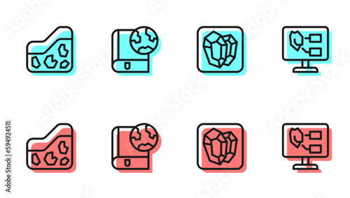 Set line Gem stone, Ground, Earth globe and book and Soil analysis icon. Vector