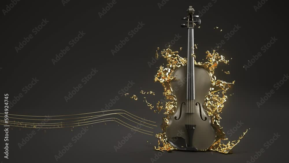 4k Video Abstrake Violine mit fliegenden Musiknoten aus Gold. Prores 4444
