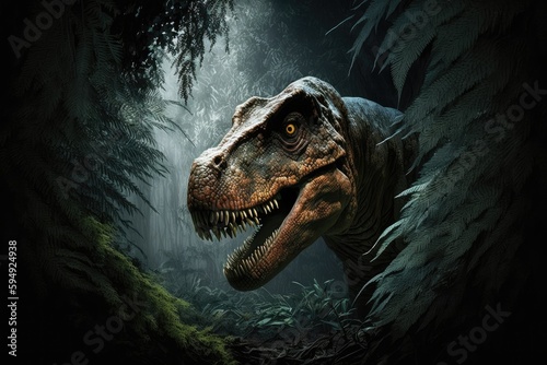 tyrannosaurus rex lurking in the shadows, waiting to attack its prey, created with generative ai