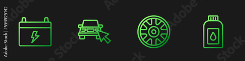 Set line Alloy wheel for car, Car battery, Online sharing and Canister motor machine oil. Gradient color icons. Vector