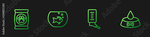 Set line Drinker for small pets, Bag of food, Aquarium with fish and Pet bowl cat dog. Gradient color icons. Vector