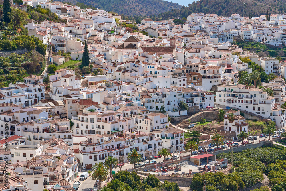 aerial view of picturesque white village of Frigiliana, Andalusia, Spain