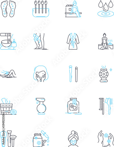 Massage center linear icons set. Relaxation, Rejuvenation, Therapy, Serenity, Bliss, Tranquility, Wellness line vector and concept signs. Healing,Calm,Comfort outline illustrations