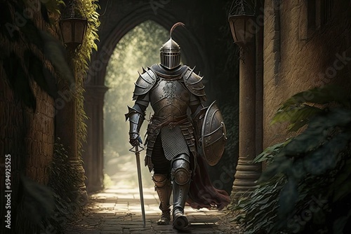 medieval scene with walking knight in armor and helmet, created with generative ai