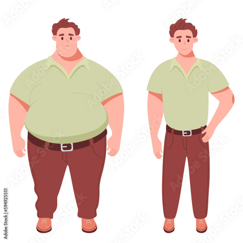 Fat and thin. Cute man before and after weight loss. Vector cartoon illustration. Two guys isolated on white background.