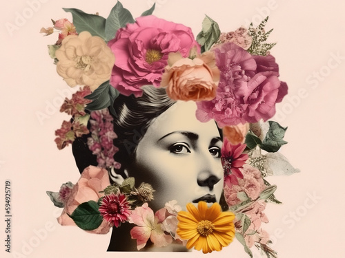 Collage with beautiful vintage female portrait and flowers. AI generated image.
