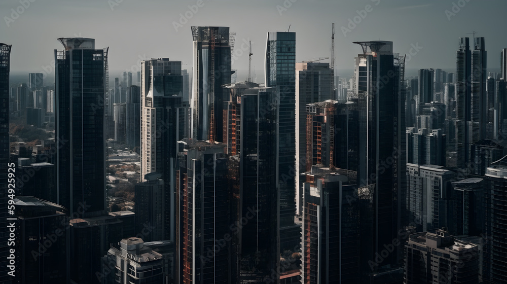 View of skyscrapers via drone generative ai