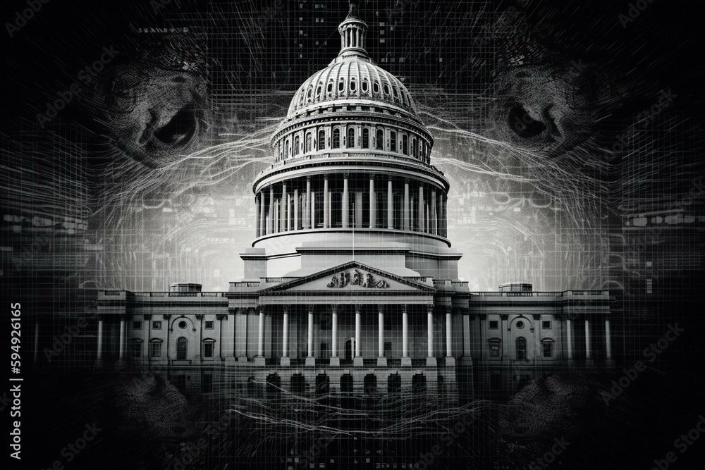 Government capitol building with evil looking face in the design representing big brother with government overreach.  Created with generative AI