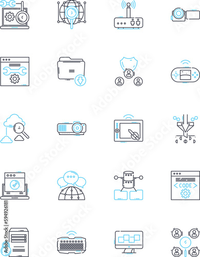Resource pooling linear icons set. Collaboration, Aggregation, Optimization, Consolidation, Warehouse, Integration, Scalability line vector and concept signs. Sharing,Virtualization,Efficiency outline