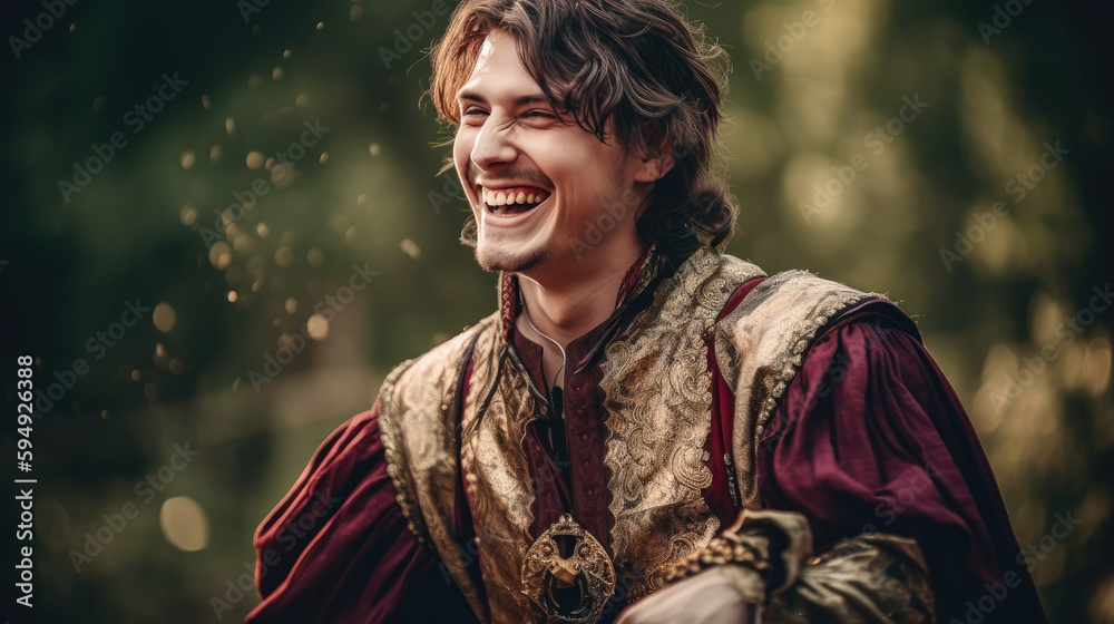 Young Handsome Man Dressed in Medieval Costume Garb Laughing and Smiling at Renaissance Fair, Generative AI