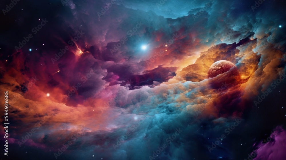Beautiful space background. Nebula blast. Multicolored space clouds. Space backdrop. Science fiction backdrop. Fantastic cosmic wallpaper. Generative AI illustration.