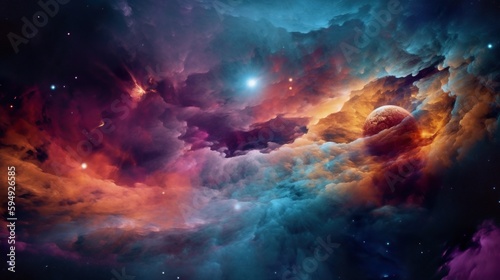 Beautiful space background. Nebula blast. Multicolored space clouds. Space backdrop. Science fiction backdrop. Fantastic cosmic wallpaper. Generative AI illustration. © Valeriy