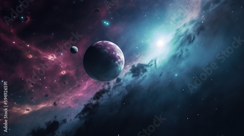 Beautiful space background. Nebula blast. Multicolored space clouds. Space backdrop. Science fiction backdrop. Fantastic cosmic wallpaper. Generative AI illustration. © Valeriy