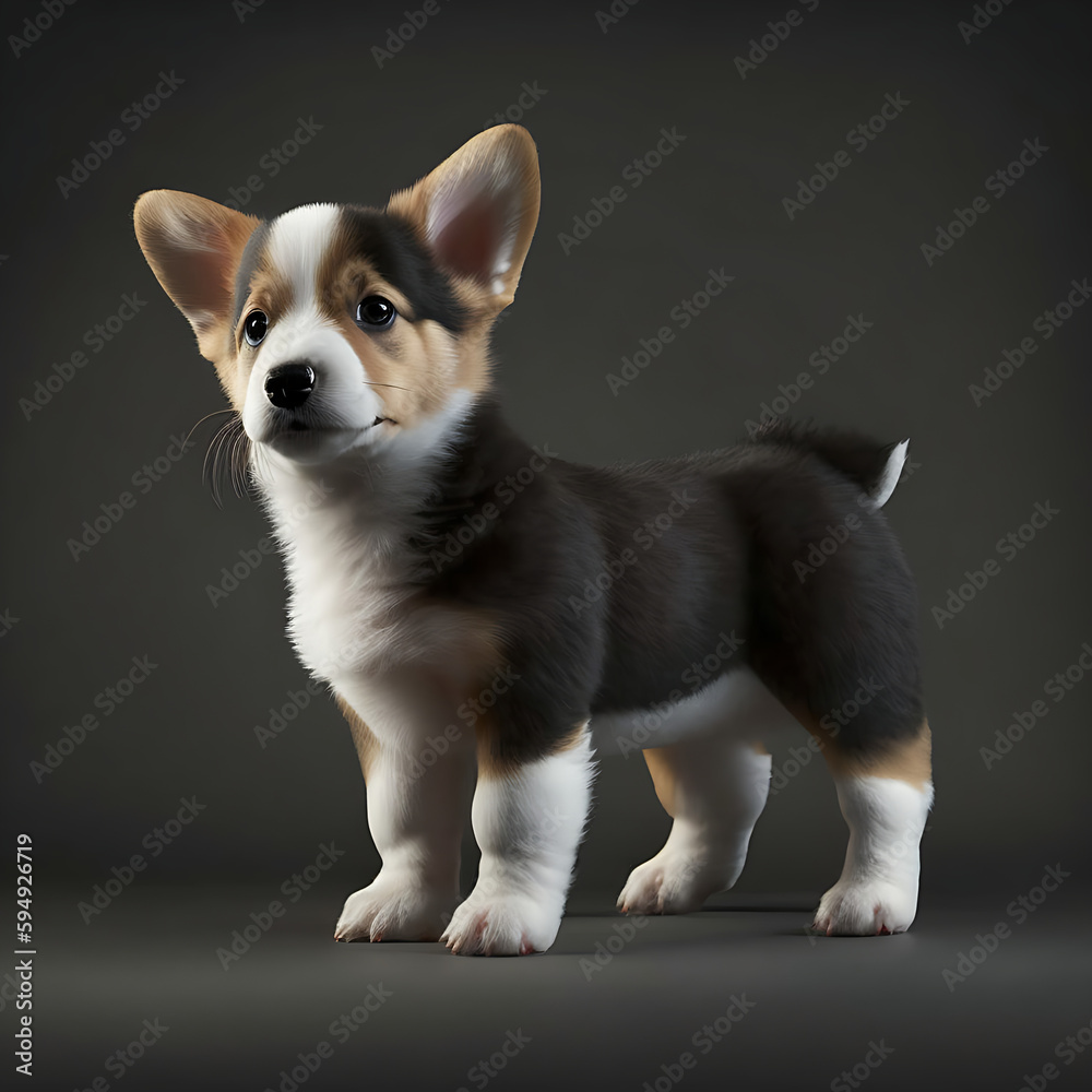 A Cardigan Welsh Corgi Puppy, Dark Background 01. AI generative. A Cardigan Welsh Corgi Puppy, Dark Background 01. AI generative.