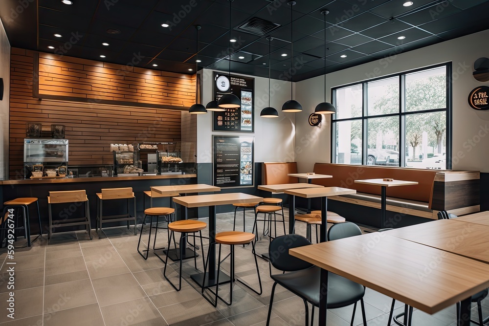 fast food restaurant with modern decor and clean lines, featuring sleek furniture and minimalist design, created with generative ai fast food restaurant with modern decor and clean lines, featuring sleek furniture and minimalist design, created with generative ai