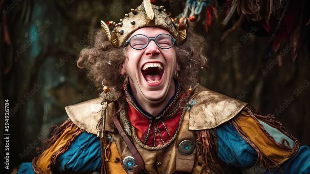 Young Man Dressed in Medieval Costume Garb Laughing Wildly at Renaissance Fair, Generative AI