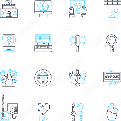 Amusement linear icons set. Thrill, Fun, Happiness, Adventure, Excitement, Laughter, Enjoyment line vector and concept signs. Entertainment,Joy,Playfulness outline illustrations