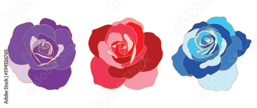 Luxury set of rose flower vector element. Collection of colorful rose, blue, purple, red, pink with line gold. Watercolor rose floral illustration design for logo, wedding, invitation, decor, print.