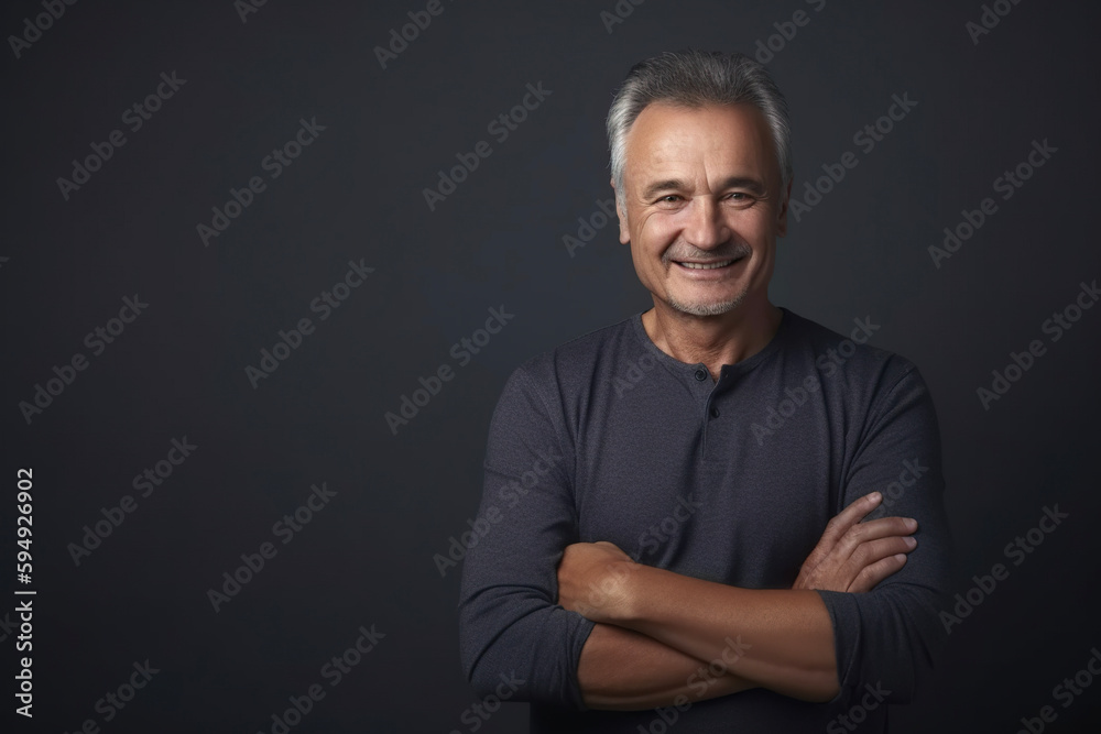 Portrait of happy mature man with hands crossed on a gray background. AI